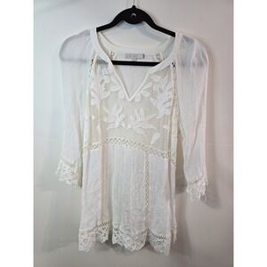 Pale Sky White Embroidered Boho Blouse Cottagecore Lace Trim Tunic Top L